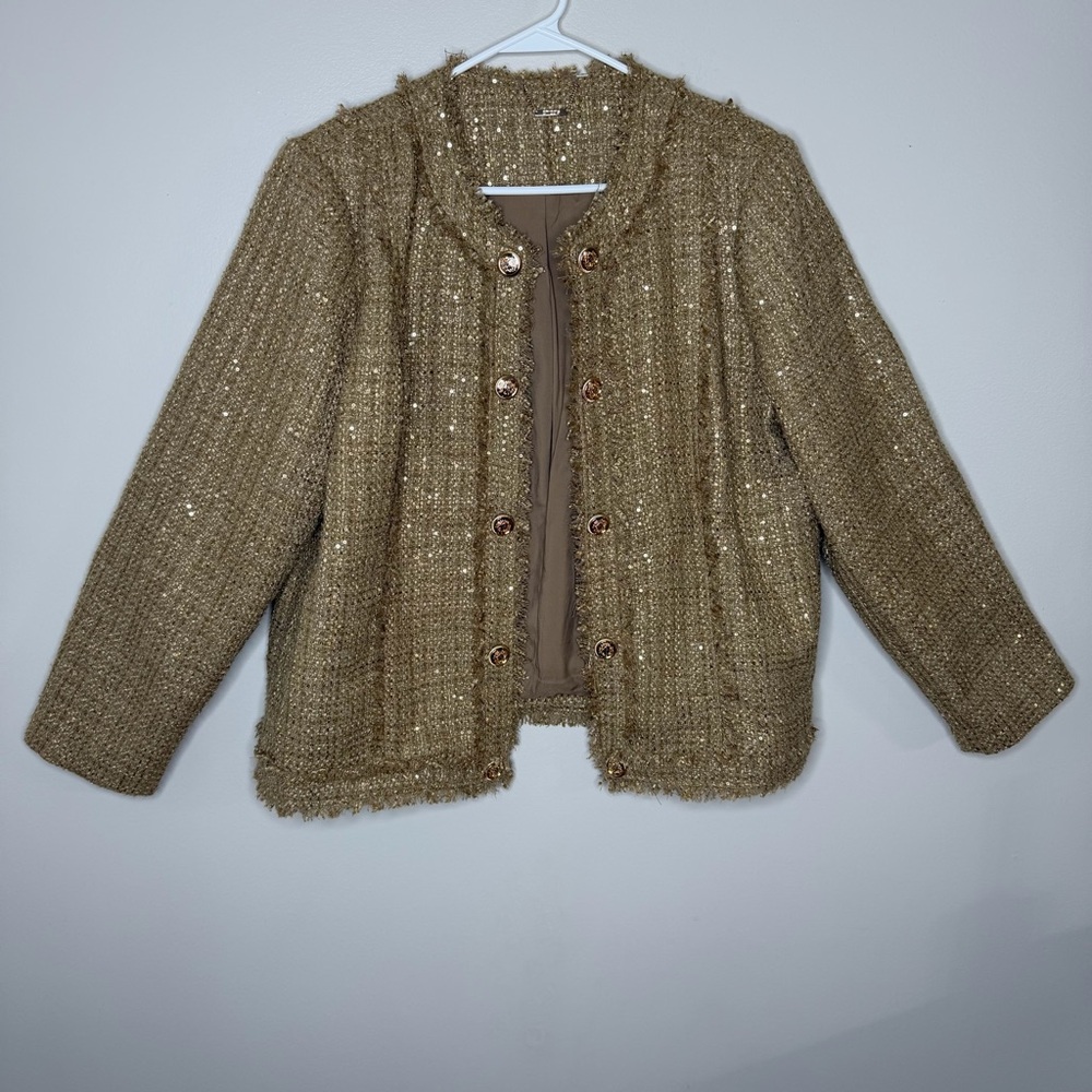 Chico’s Gold Tweed Sequin Jacket Size 3 NWT Sparkle Blazer - Picture 1 of 13